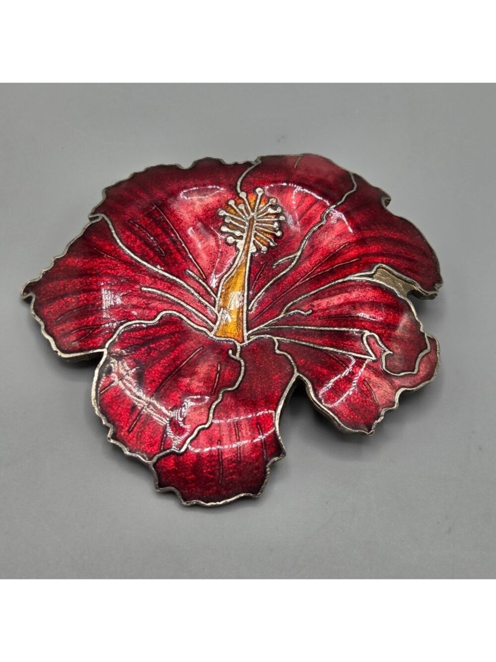 Vintage Enamel Poppy Flower Brooch Pin Red on Silver Tone Metal